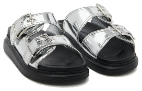 (WMNS) Alexander McQueen Gabine Buckled Leather Slides 'Silver Black' 783254W4WG18100 #