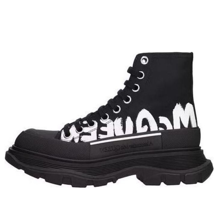 (WMNS) Alexander McQueen Tread Slick Graffiti Logo Boots 'Black White' 676718W4RQ21006 #